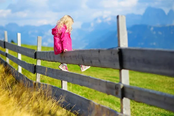 Little girl sitting on wooden fence — Stock Photo, Image