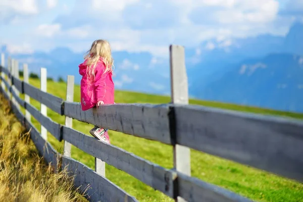 Маленькая девочка сидит на деревянном заборе — стоковое фото