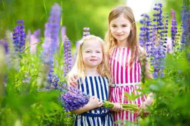 Çiçek açan alanında iki küçük kız kardeş