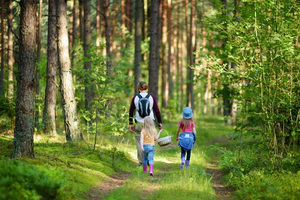 Zusters wandelen in een bos met oma — Stockfoto