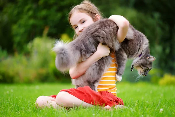 Şirin küçük kız holding dev evde beslenen hayvan kedi — Stok fotoğraf