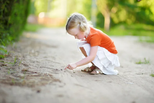 Liten flicka att fånga lite babyfrogs — Stockfoto