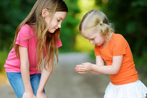 Маленькие девочки ловят лягушек — стоковое фото