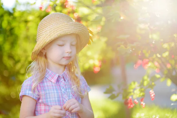 Flicka i trädgården med röda vinbär — Stockfoto