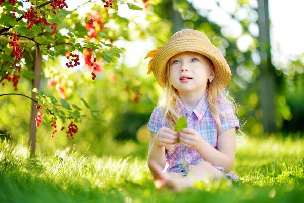 Κορίτσι στον κήπο με κόκκινα φραγκοστάφυλα — Φωτογραφία Αρχείου