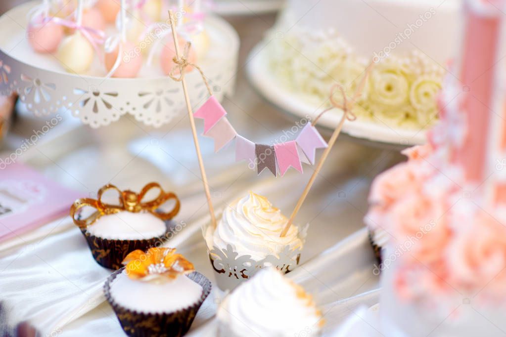 Beautiful desserts, sweets and candy table 