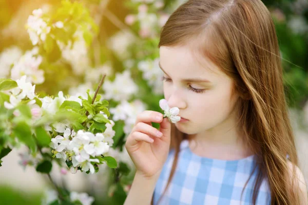 Bedårande liten flicka i blommande äppelträd — Stockfoto