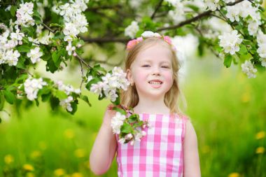 Çiçek açan elma ağacı, sevimli küçük kız 
