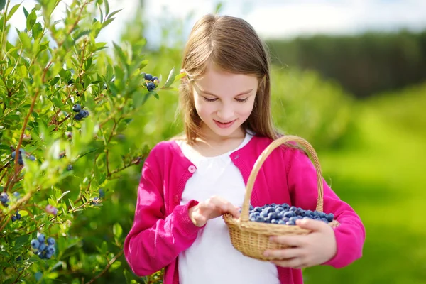 Gadis kecil yang lucu memetik buah berry segar — Stok Foto
