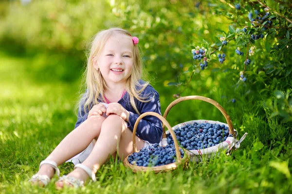 Niedliches kleines Mädchen pflückt frische Beeren — Stockfoto