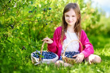 Sevimli küçük kız taze çilek toplama 