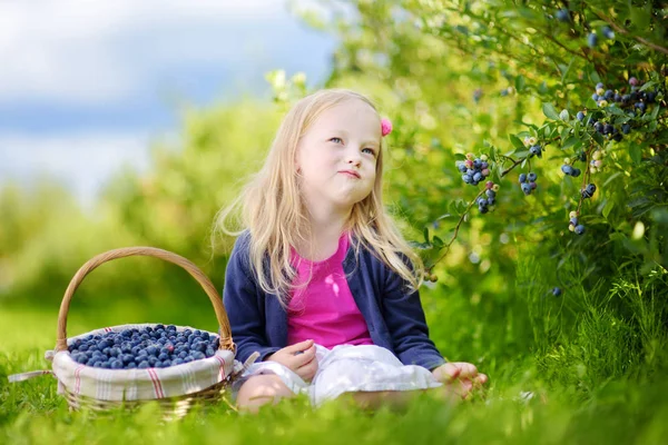 Aranyos kislány, szedés a friss bogyós gyümölcsök — Stock Fotó
