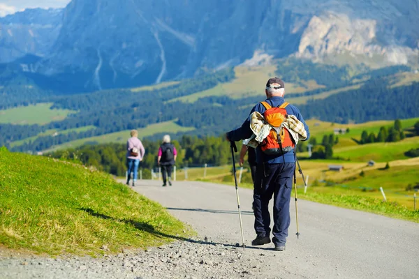 Turistas caminhadas no prado alpino de altitude — Fotografia de Stock