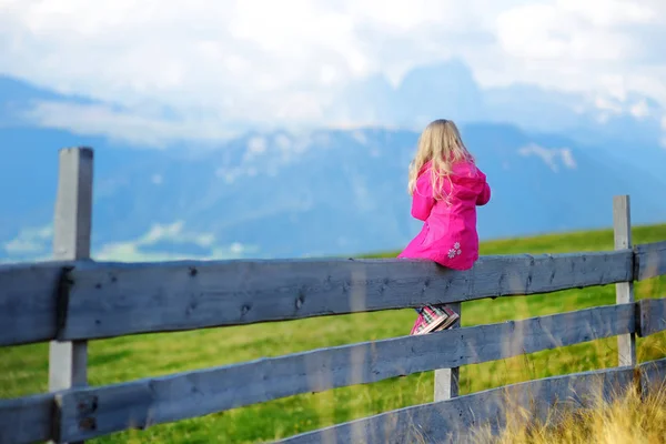 Little girl sitting on wooden fence — Stock Photo, Image