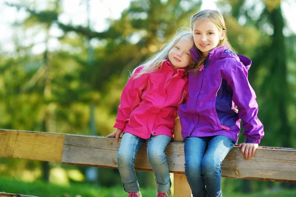 Två små systrar sitter på staketet — Stockfoto