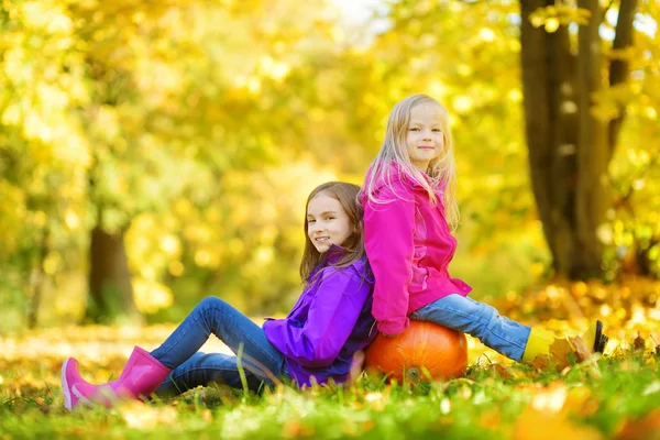 Girls having fun on pumpkin — Stock Photo, Image