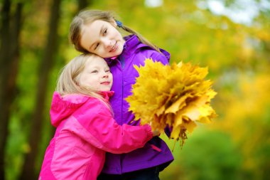 küçük kız sonbahar yaprakları ile oynamak 