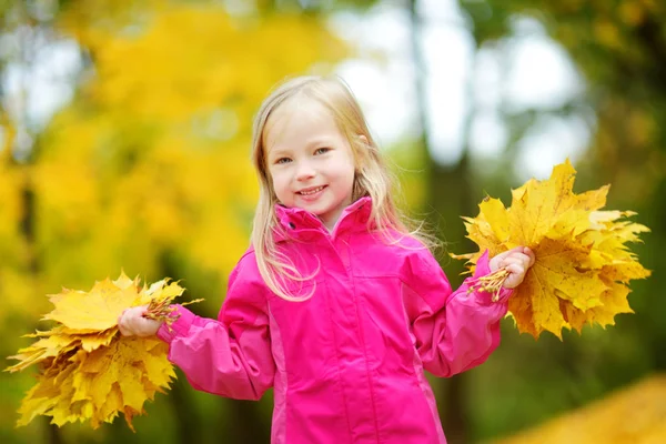 Klein meisje spelen met Herfstbladeren — Stockfoto