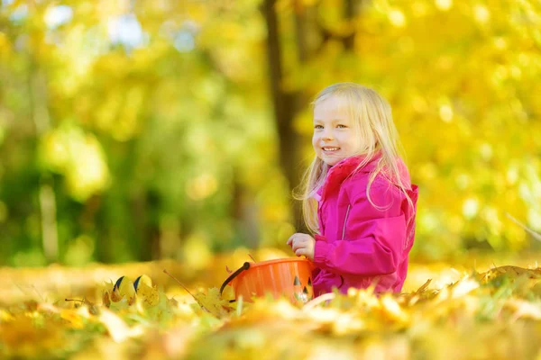 Menina brincando com folhas de outono — Fotografia de Stock