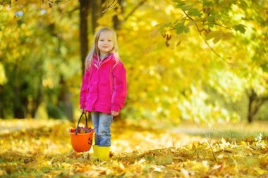 sonbahar yaprakları ile oynarken küçük kız 