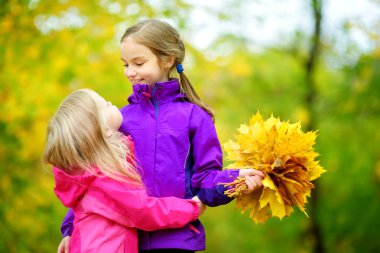küçük kız sonbahar yaprakları ile oynamak 