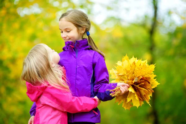 Little sisters playing with autumn leaves — Stock Photo, Image