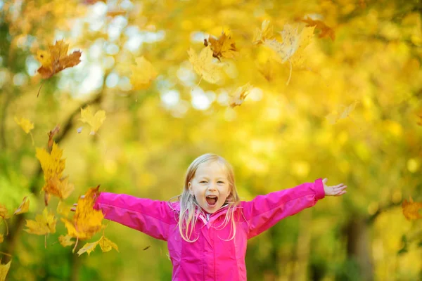 Sonbahar yaprakları ile oynarken küçük kız — Stok fotoğraf