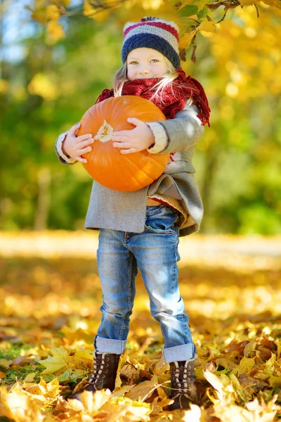 Kleines Mädchen hat Spaß mit Kürbis — Stockfoto