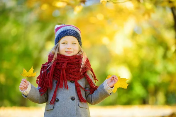 Kislány játszó őszi levelek — Stock Fotó