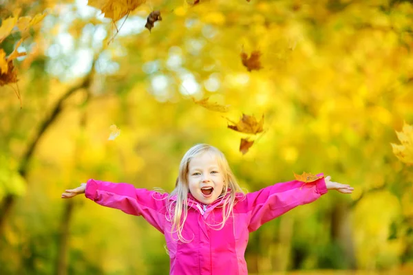 sonbahar yaprakları ile oynarken küçük kız 