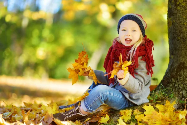 Kleines Mädchen spielt mit Herbstblättern — Stockfoto