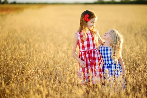 Little sisters walking in wheat — Stock Photo, Image