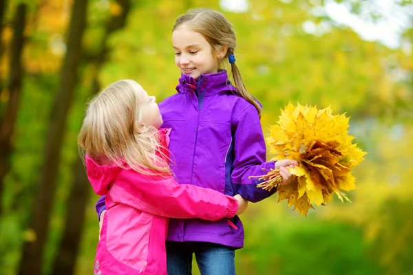 Little sisters playing with autumn leaves — Stock Photo, Image