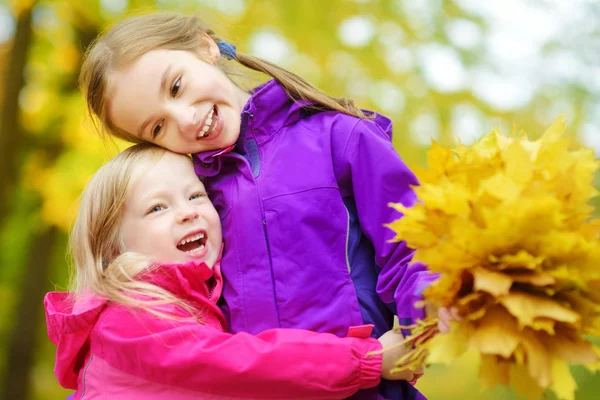 Little sisters playing with autumn leaves — Stock Photo, Image