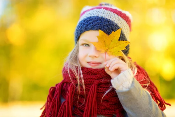 Liten flicka som leker med höstens löv — Stockfoto