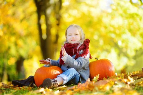 Little girl having fun with pumpkins Stock Photo