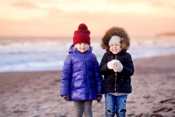 Monas hermanitas en la playa de invierno — Foto de Stock