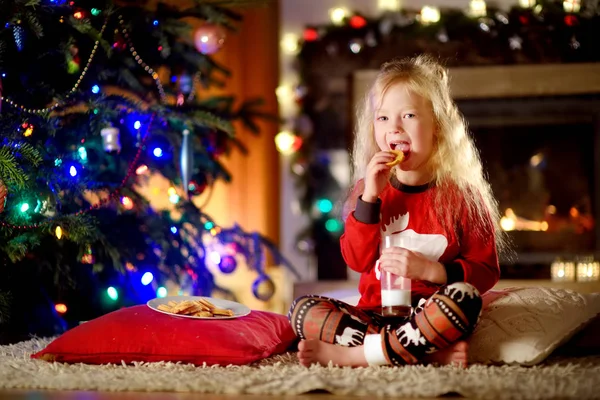 Menina com leite e biscoitos no Natal — Fotografia de Stock