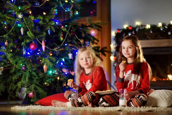 Petites sœurs au lait et biscuits à Noël — Photo