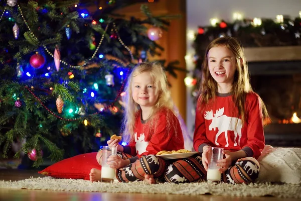 Systrar med mjölk och kakor av öppen spis — Stockfoto