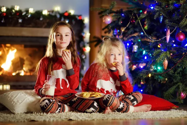 Soeurs ayant du lait et des biscuits à Noël — Photo