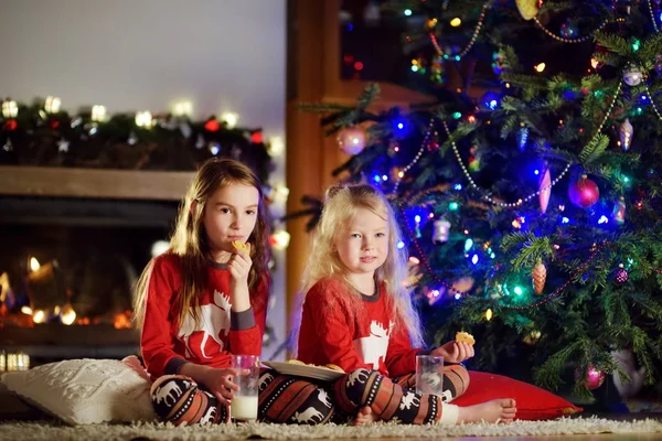 Сёстры едят молоко и печенье на Рождество — стоковое фото