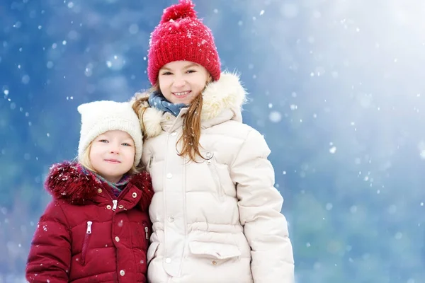 Mooie zusters spelen in een sneeuw. — Stockfoto