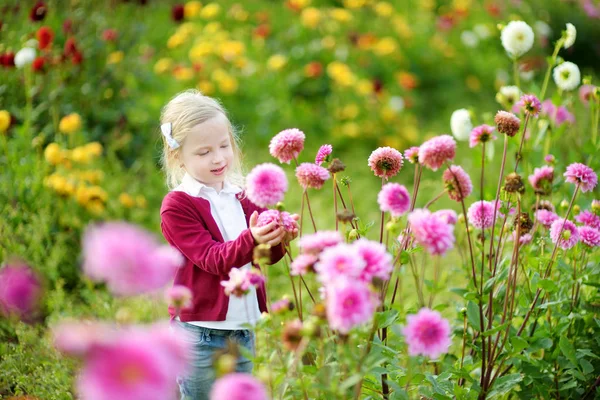 Little girl sniffing at pink flowers — Stock Photo, Image