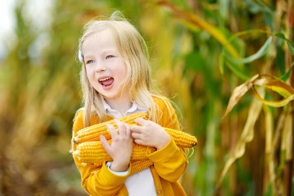 Маленька дівчинка тримає кукурудзу в полі — стокове фото