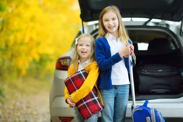 Little sisters with suitcase near car — Stock Photo, Image