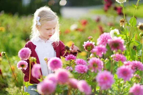 Kleines Mädchen, das an rosa Blumen schnuppert — Stockfoto