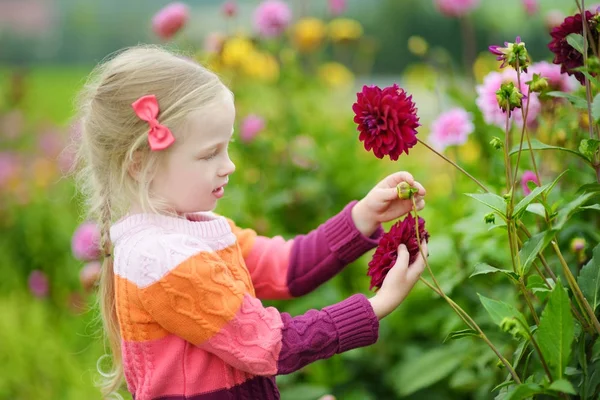 Meisje snuiven op paarse bloemen — Stockfoto