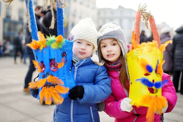Two Cute Little Girls Frightening Masks Celebration Uzgavenes Lithuanian Annual — Stock Photo, Image