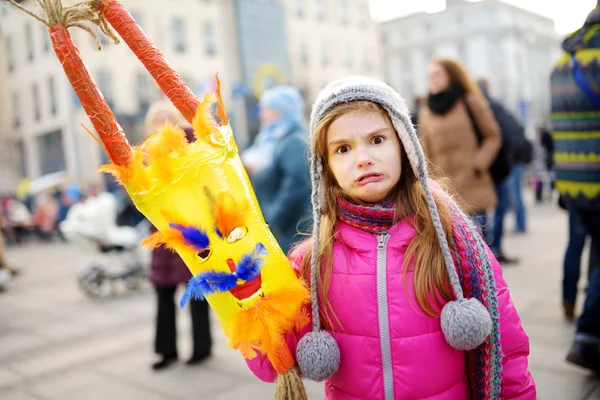 Cute Little Girl Frightening Mask Celebration Uzgavenes Lithuanian Annual Folk — Stock Photo, Image